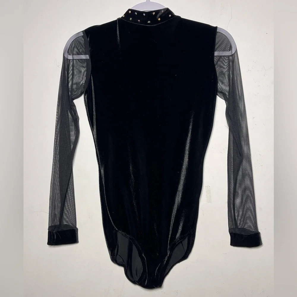 Carol Dupuis Jazz Skin Black Velvet Mesh Sleeve Rhinestone Leotard Bodysuit used